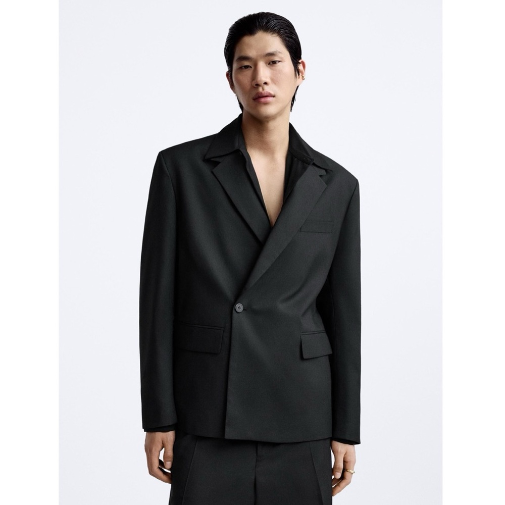 Zara Black Single-Button Mens Blazer